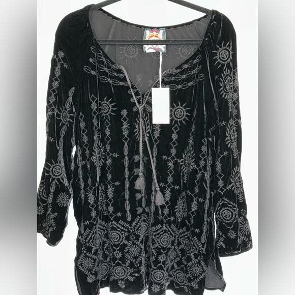 Johnny Was Tops - Johnny Was Women’s Althea Burnout  Velvet Peasant Black Blouse Size Small Nwt